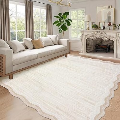 GarveeHome Washable Rugs 8x10 Scallop Solid Living Room Rug Scalloped Rug with Non-Slip Backing, Stain-Resistant Low Pile Easy Cleaning Rugs, Soft Modern Carpet for Bedroom Playroom Nursery,Beige