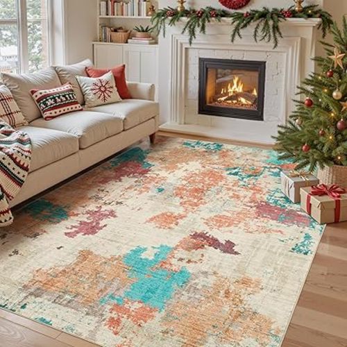 Living Room Area Rugs - 8x10 Washable Abstract Large Soft Indoor Rug Neutral Modern Low Pile Carpet for Bedroom Dining Room Farmhouse Home Office - Colorful