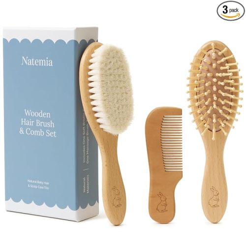 Natemia Wooden Baby Hair Brush & Comb Set - Natural Goat Hair Bristles & Soft Bristle Brush - Gentle Scalp Massage & Cradle Cap Comb - For Newborns & Toddlers, Baby Grooming Kit
