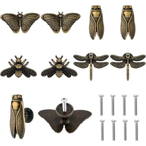 Zonon 8 Pcs Insects Cabinet Knobs, Bug Themed Drawer Knobs, Bronze