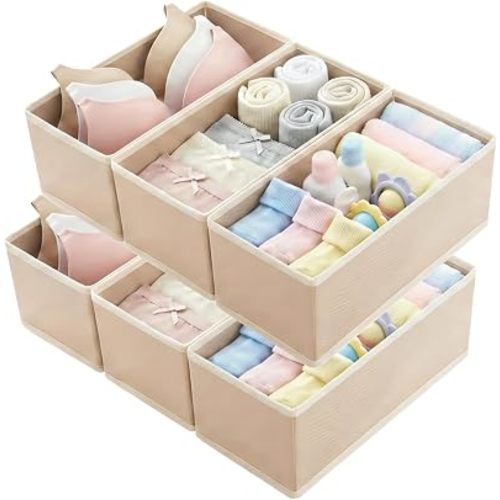 Small Foldable Fabric Drawer Organizer 6-Pack Khaki - 11" Breathable Closet & Dresser Storage Bins for Underwear, Socks, Baby Clothes & Bras