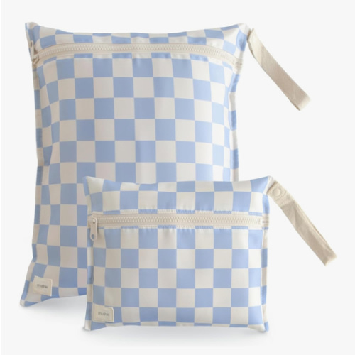 mushie Water Resistant Wet Bags | Large & Small Reusable Storage Bag for Baby Items and Travel | Zippered Pockets with Handle | Machine Washable, Set of 2 (Blue Check)
