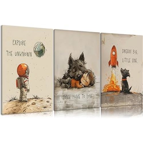 Vintage Astronaut Nursery Canvas Wall Art Space Explore Picture Wall Decor Dream Big Little One Poster Cute Dog Toddler Painting Print Artwork for Kids Boys Room Bedroom Playroom Decor, Framed
