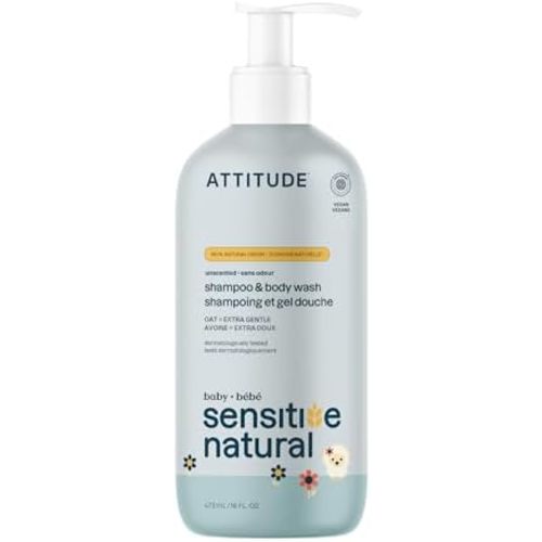 ATTITUDE Baby Shampoo & Body Wash, Unscented, for Sensitive Skin, 16 Fl Oz