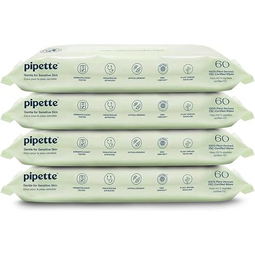 Pipette Baby Wipes, Water-Based, Fragrance Free, 240 Count (Pack of 4)