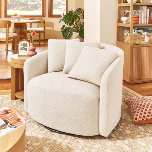 Free Shipping! Beautiful Cream Boucle Oversized Swivel Accent Chair with Plush Pillows and 360° Metal Base