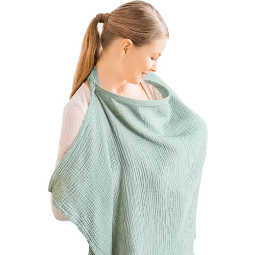 Konssy Muslin Nursing Cover for Baby Breastfeeding, Breathable 100% Cotton Breastfeeding Cover with Rigid Hoop for Mother Nursing Apron, Multi-use Carseat Canopy (Green)