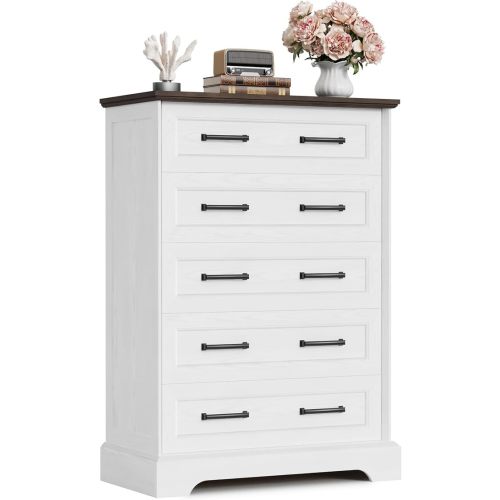 Furmax Farmhouse Dresser for Bedroom, 5 Drawers Dresser, Wood Chest of Drawers, 31.5" Wide Storage Dressers Organizer for Bedroom, Living Room (White and Brown)
