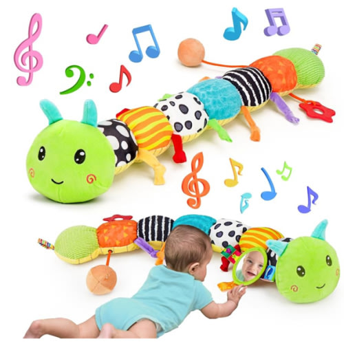Baby Sensory Toy 0-6 Month Music Animal Stuffed Plush Caterpillar Toy for Infant 0-3-6 Month Tummy Time with Baby Mirror Crinkle Rattle for 6-12 Month Carseat Toys for Newborn Boys Girls Shower Gifts
