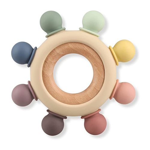 Baby Teething Toys, Silicone Chewable Teethers with Wooden Ring for Soothing Babies Gums, Rudder Chewers Shower Gift for lnfants & Toddlers, 3+ Months (6 Directions, Gray)