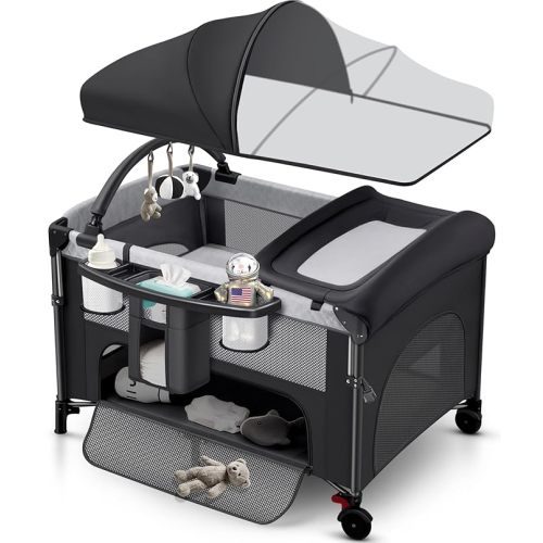 4 in 1 Baby Bassinet Bedside Crib with One-Hand Setup & Waterproof Mattress – ASTM-Certified Pack and Play, Portable Foldable Playard with Diaper Changer for Newborn to Toddler(Black)