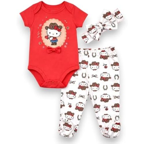 Hello Kitty Baby Girls 3-Piece Footie Set, Short Sleeve Onesie Bodysuit, Footed Pants