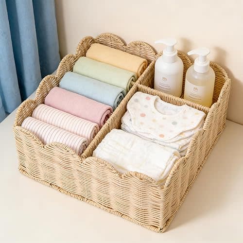 Quincry Rattan Divided Scalloped Basket,Wicker Diaper Caddy Scalloped Baske,Woven Natural Basket with 4 Dividers,Suitable for Baby Rooms, Bathrooms, Bedrooms (Rattan)