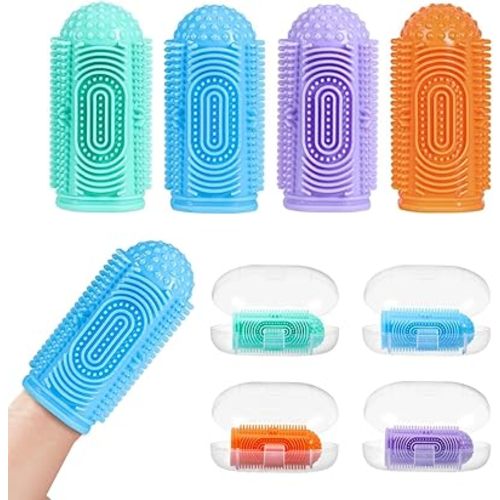 Finger Tooth Brushing Baby Toothbrush 4 Pcs with 4 Travel Storage Case,Food Grade Silicone Baby Finger Toothbrush,Soft Infant Toothbrushes for Toddlers 0-36,Oral Cleaner,Gum Brush