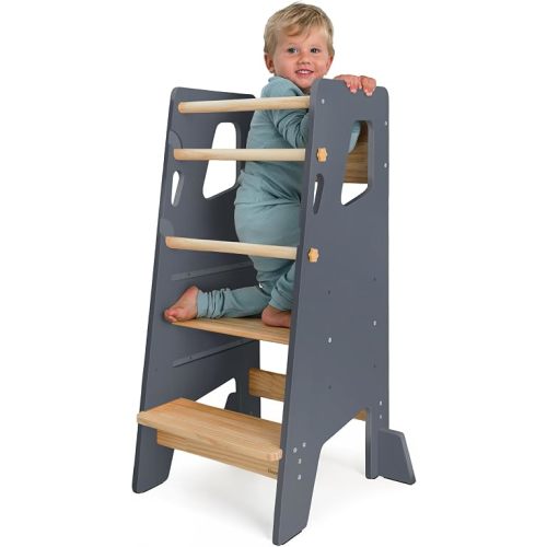 Toddler Standing Tower with 3 Safety Bars - Kitchen Stool Helper - Gray