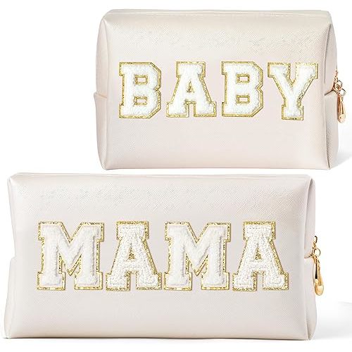 CY2SIDE MAMA Baby Letter Makeup Bag - 2PCS White MAMA and BABY Chenille Letter Patch Cosmetic Bag Pink PU Leather Patch Pouch Waterproof Portable Zipper Travel Organizer Case Gifts for Mom Women
