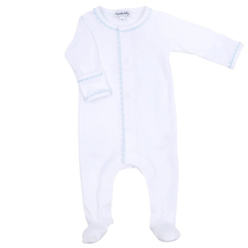 Magnolia Baby Boy Baby Joy Footie with Blue Crochet Trim