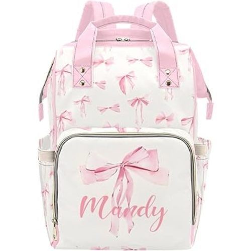 Custom Diaper Bag Backpack for Women, Personalized Name Nursing Mommy Daypack, Diaper Bag for Girls Boys, New Mom Gifts (Pink Bow)