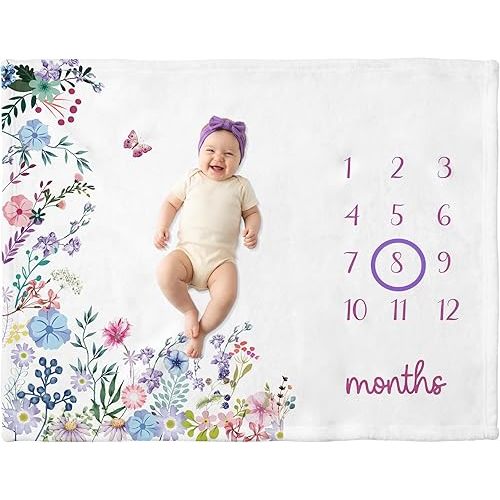 Baby Monthly Milestone Blanket 50" x 40" – Plush Fleece Watercolor Floral Photo Backdrop, Wrinkle Free Baby Age Month Blanket with Growth Chart Includes Marker, Wreath & Headband
