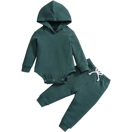 Newborn Unisex Baby Clothes Set Hooded Long Sleeve Bodysuit Stretchy Pants Ribbed Outfits Fall Winter