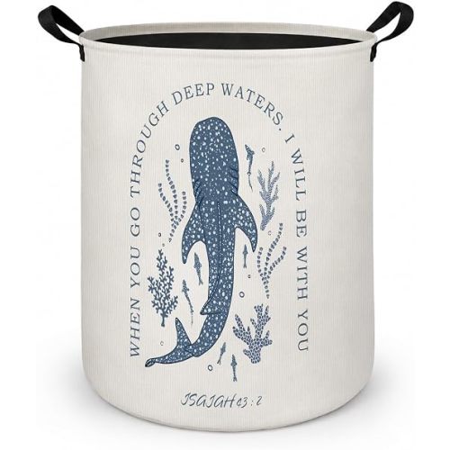 Whale Shark Christian Laundry Basket with Handles, Isaiah 43:2 Bible Verse Coastal Beach Laundry Hamper Waterproof Collapsible Clothes Toys Storage Organizer for Bedroom Bathroom Home