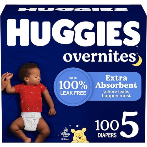 Huggies Size 5 Overnites Baby Diapers: Overnight Diapers, Size 5 (27+ lbs), 100 Ct (2 Packs of 50), Packaging May Vary