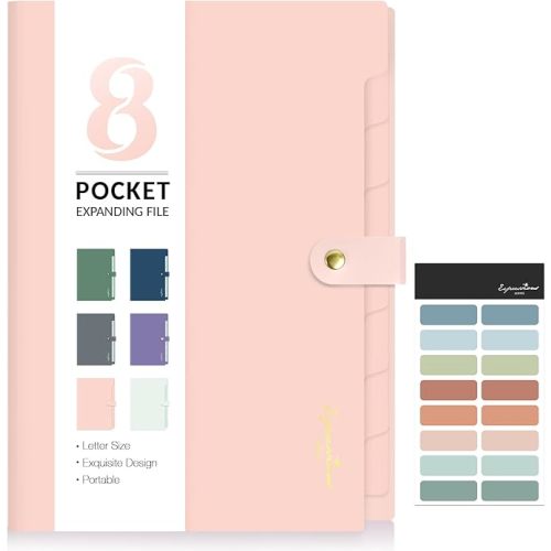 Sooez Elegant Accordion File Organizer with Labels, 8 Pocket Expanding File Folder, Portable Folders for Documents, Cute Paper Organizer for School Office Supplies, Letter Size, Pink