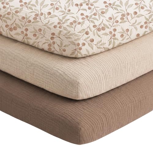 Niceye Muslin Bassinet Sheets 3-Pack for Bedside Sleepers, 33" x 21" | 100% Cotton, Soft & Breathable, Full Elastic Fit, for Baby Delight, Dream On Me, Baby Girl Boy (Brown)