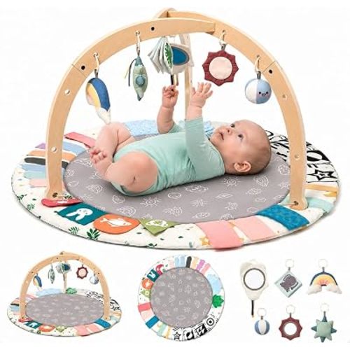 Baby Play Gym Mat with 5 Development Zones, Montessori Tummy Time Mat with 6 Detachable Sensory Toys for Motor Skills Development, Newborn Activity Gym for Babies, Easy Clean, Baby Essentials Gift