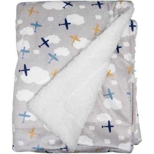 Lila & Jack Reversible Mink and Sherpa Baby Blanket, Newborn - Toddler Blanket 30 X 40 Inches (Airplane)