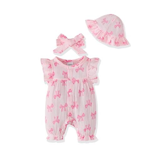 Renotemy Baby Girl Clothes Outfits Infant Summer Romper Cotton Linen Preemie Newborn Essentials Photography with Hat&Headband