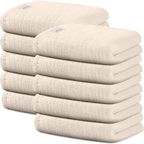 10 Pack Baby Washcloths, Baby Muslin Washcloths, Baby Wash Cloths Face Cloths, Suitable for Newborns, Children, 10 x 10 inches (Beige)