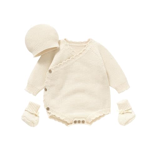 Unisex Baby 3 Piece Sweater Set Cotton Knit Romper with Hat and Booties, Long Sleeve Outfit Newborn Infant Clothes