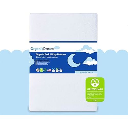 Organic Dream 5" Pack and Play Mattress I 2-Stage I Firm Infant Side + Plush Toddler Side I 100% Organic Cover I Fits Most Pack N Play Playpens and Playards