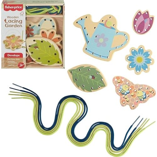 Fisher-Price Wood Preschool Toy Lacing Activity Cards, Tiny Garden 10-Piece Set for Fine Motor Skill Development Kids Ages 3+ Years