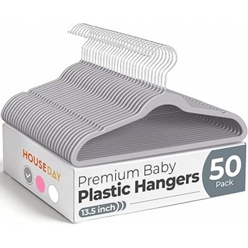 HOUSE DAY 13.5 Inch Kids Hangers 50 Pack - Premium ABS Plastic Clothes Hangers for Kids, Children, Preteens - Space Saving Thin Profile, Strong & Durable Hangers with 360° Swivel Hook - Gray