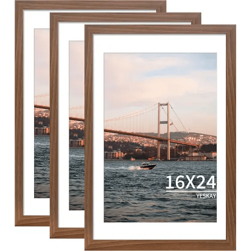 16x24 Picture Frame Brown Set of 3, Display Pictures 12x18 with Mat or 16 x 24 Without Mat, Poster Frames 16x24 Poster Frames for Wall Hanging Horizontal and Vertical