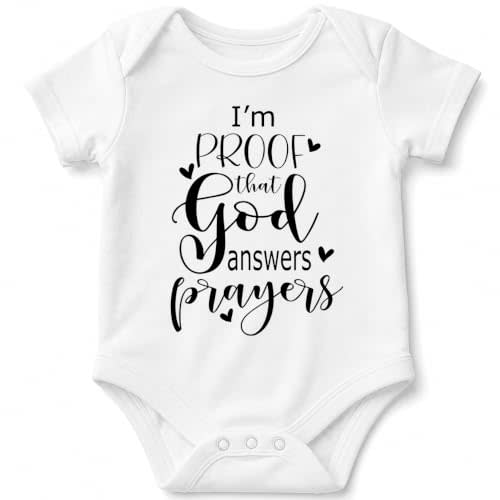 I'm Proof God Answers Prayers - Miracle Baby Bodysuit | Faith-filled miracle baby message for showers, church family, first visits, newborn photos and meaningful gifts