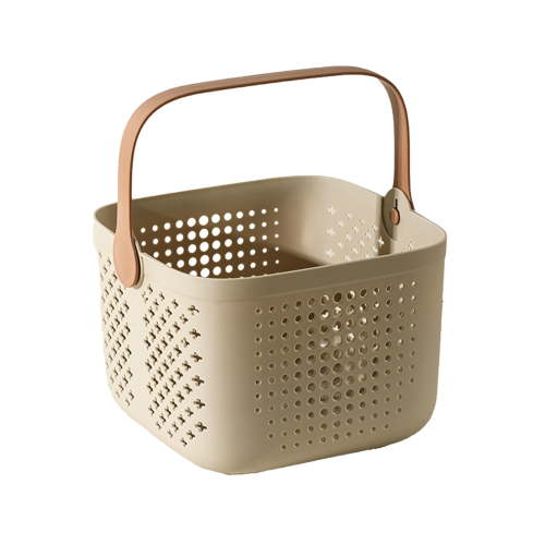 Tunhigl Handheld Bath Basket Wet Dry Separation, Durable Plastic Shower Caddy, Breathable Hollow Design, Zoned Storage, Portable Bathroom Organizer, Dorm & Travel Essential Beige