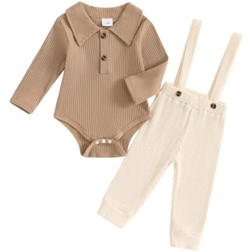 Kaipiclos Newborn Baby Boy Clothes Rib Knit Long Sleeve Romper Cute Suspender Pants Solid Infant Fall Winter Gentleman Outfit
