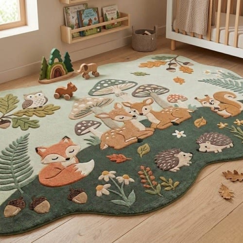 Woodland Nursery Rug, Hand Tufted Wool Area Rug, Kids Forest Animal Carpet, Fox Deer Mushroom Rug, Baby Room Decor, Custom Playroom Rug