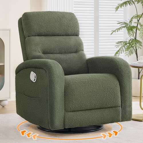 Swivel Nursery Rocker Recliner for Nursery, 360° Swivel Glider Recliner, Manual Rocking Recliner Chairs with Pockets and Large Arms for Living Room, Teddy Green