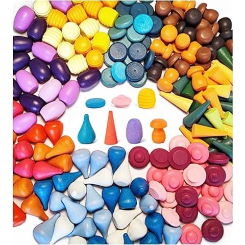 MIKNEKE 81 Wooden Loose Parts Sensory Bin Filler Toys, Mandala Rainbow Stacker Open Ended Toys, 27 Colors Sensory Training Educational Toys