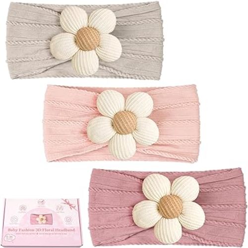 CÉLLOT Baby Flower Headbands Baby Girls Nylon Headbands Baby Essentials Stretchy Hairbands Handmade Hair Accessories for Newborn Infant Toddlers Kids (Pink,Khaki Gray,Dusty Pink)