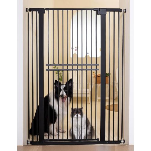 No Pawblems 55" Extra Tall Pet Gate for Cat/Dog, 29-40" Wide Auto Close Tall Dog Gate for Doorways/Hallways, 1.37" Ultra Narrow Spacing, NO Drilling Pressure Mounted, Black