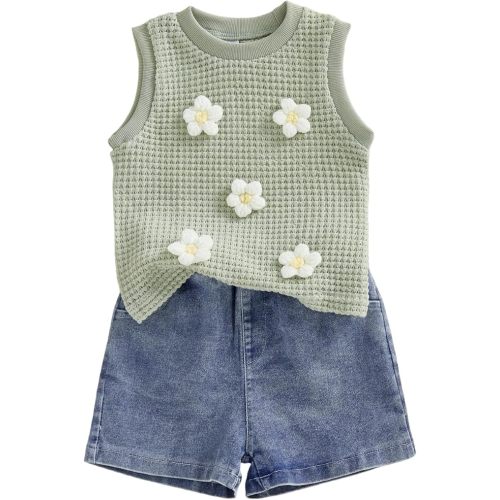 Green Solid Floral YINGISFITM Toddler Girl Clothes Baby Summer Waffle Knit Tank Top Sleeveless Shirt Jeans Shorts Floral Outfit Girls Clothing
