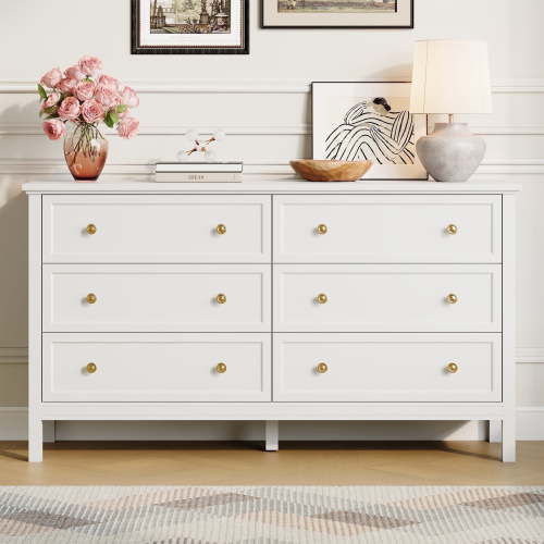 YouTrend White Large Dresser with 6 Drawer for Bedroom,Traditional Adult Storage Cabinet with Golden Handles for Living Room,Hallway