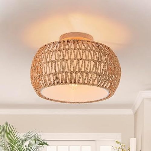 Boho Ceiling Light Fixtures Rattan Chandelier Flush Mount Ceiling Light Drum Light Small Rattan Ceiling Light Woven Chandelier for Kitchen Bedroom Light Fixture Nursery Hallway