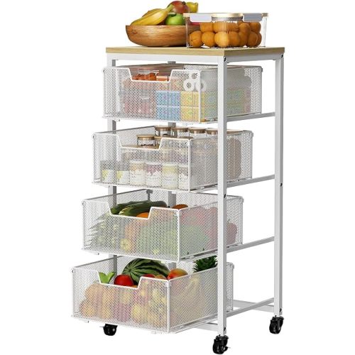 Kitchen Rolling Cart with Drawers, 4-Tier Fruit Vegetable Storage Cart on Wheels with Wooden Top, Kitchen Rolling Storage Rack to Storage Cans Snacks and Potato for Kitchen, White(Patent Pending)