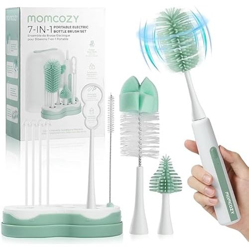 Momcozy 7 in 1 Electric Bottle Brush Kit, Portable Cleaning Set with Formula Mixer, Silicone Brush, Nipple Brush, Straw Brush, Soap Dispenser, Drying Rack - Long Battery Life for Home & Travel
